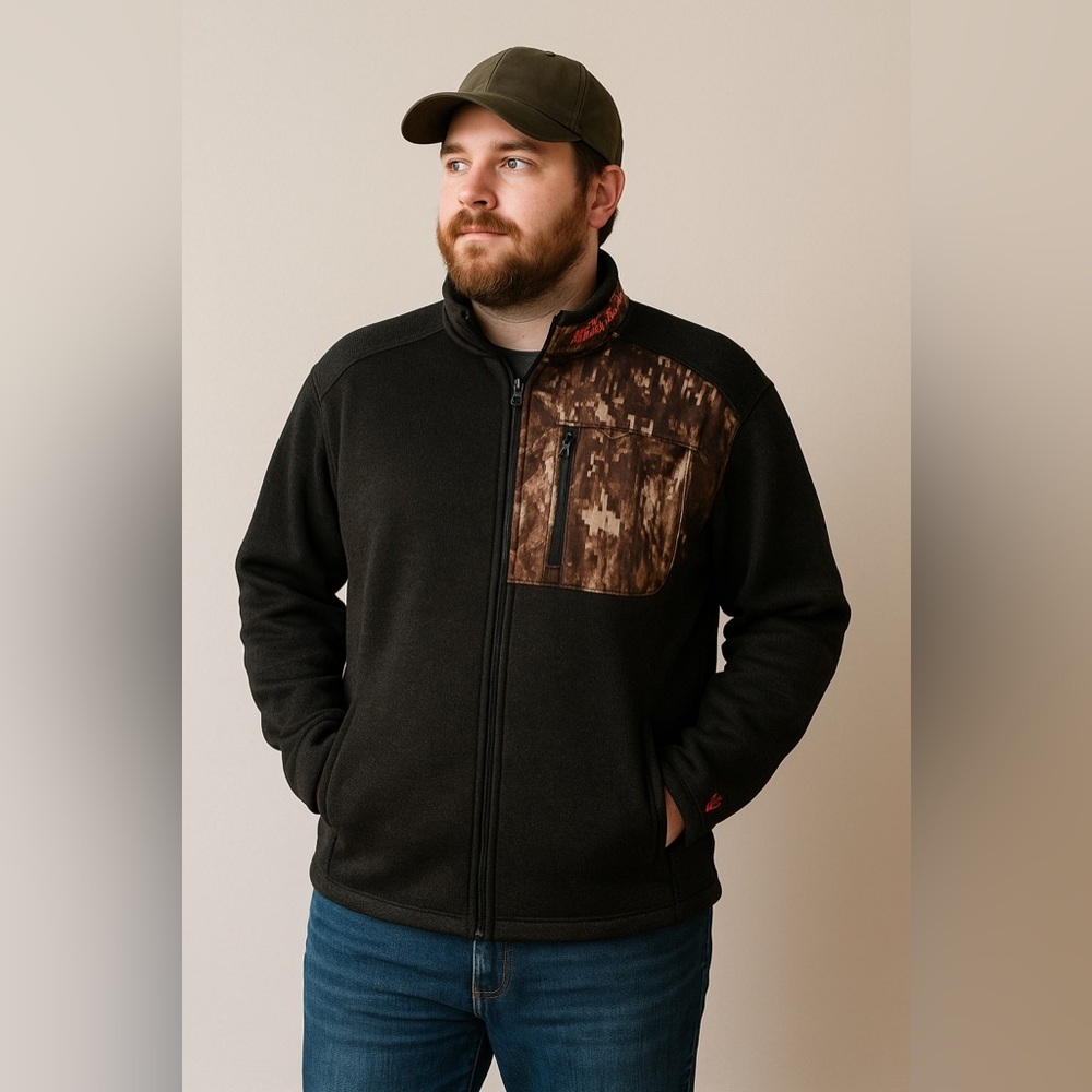 Black Antler Men’s XL Full-Zip Jacket – Black with Camo Accents Outdoor Hunting
